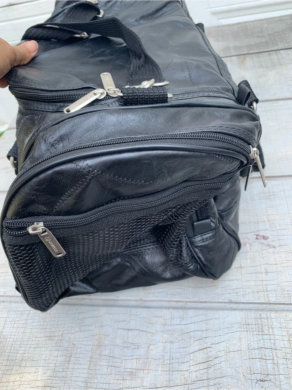Vintage Seville Black Leather Patchwork Weekender Duffle Travel Bag Gym Pockets